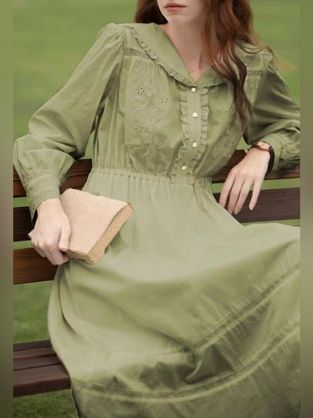 Simple Retro Olive Green Sailor Style Midi Dress NWT Cotton Lace Cottagecore L